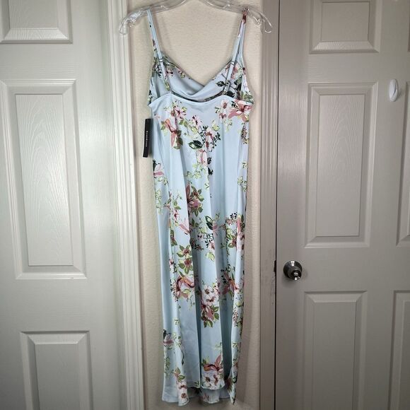 BEBE Women's Baby Blue Floral Satin Cowl Neck Spaghetti Strap Midi Dress S NEW - Picture 7 of 12